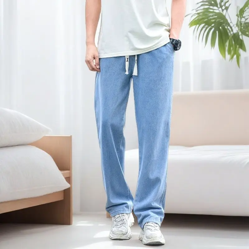 

2024, свободные прямые джинсы для высоких мужчин, мешковатые джинсовые брюки с эластичной резинкой на талии и шнурком, Hombre, весна-осень