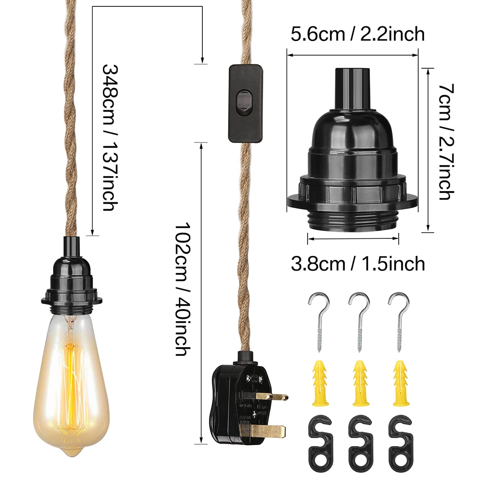 Lampes suspendues rustiques avec ULde chanvre, plafonniers, support de lampe, kit suspendu, enfichable, 4.5 m, 3.5m