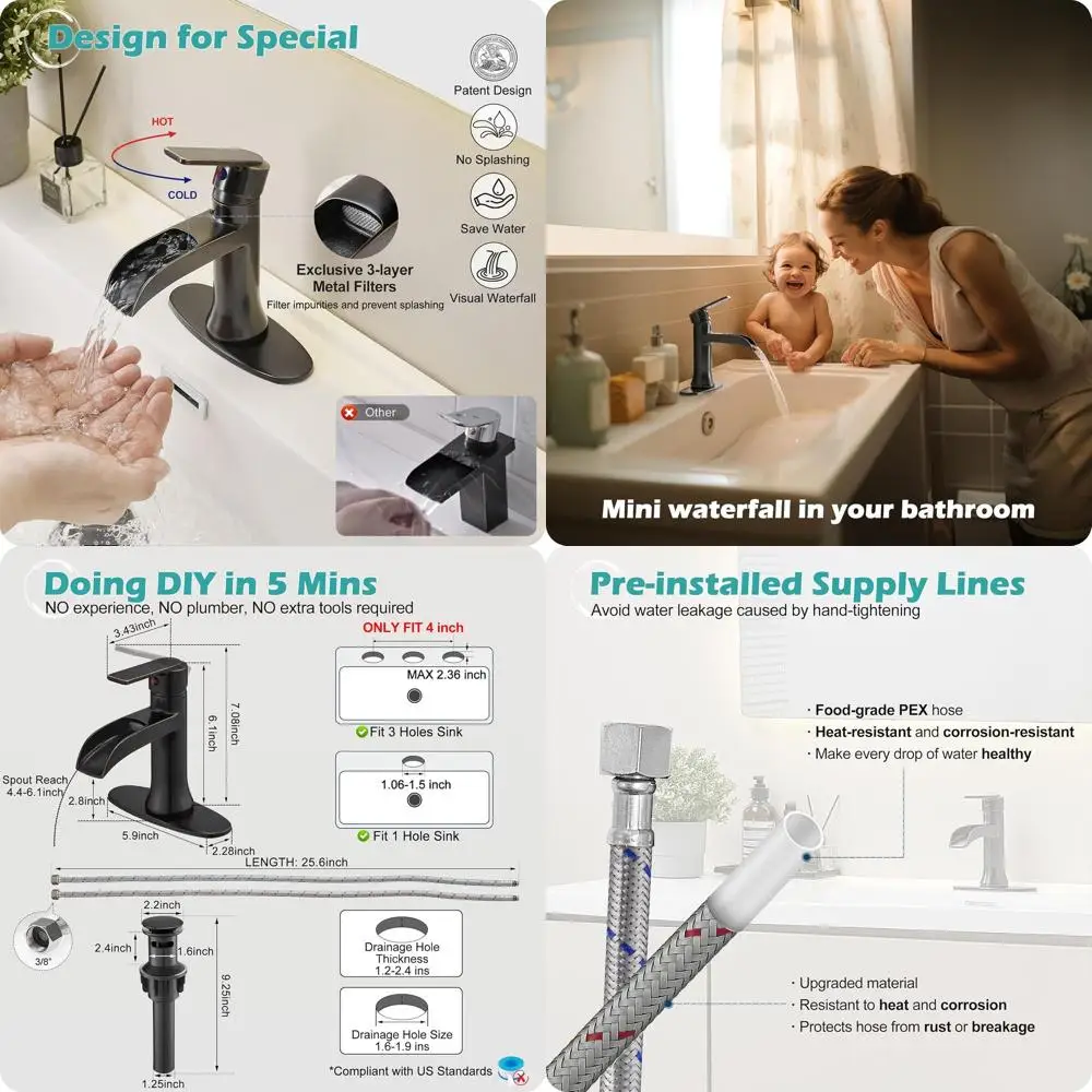 

Oil Rubbed Bronze Single Handle Brass Bathroom Sink Faucet with Pop-Up Drain for Modern Vanity, Suitable for 1 or 3 Hole Install