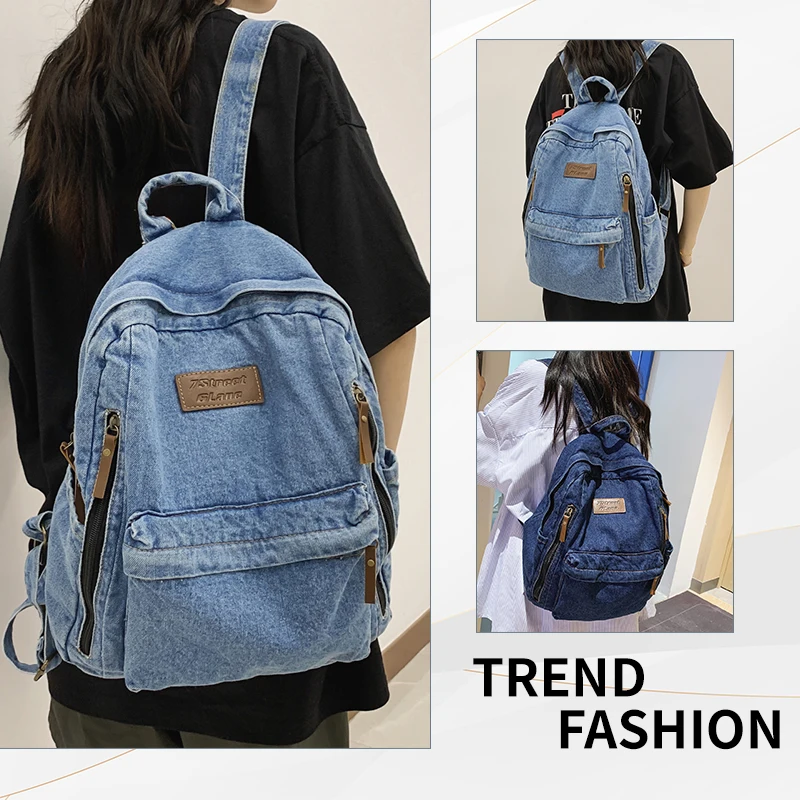 حقيبة ظهر مدرسية عصرية للطلاب من الدنيم حقيبة ظهر متعددة الجيوب بسعة كبيرة حقيبة ظهر للطالبات