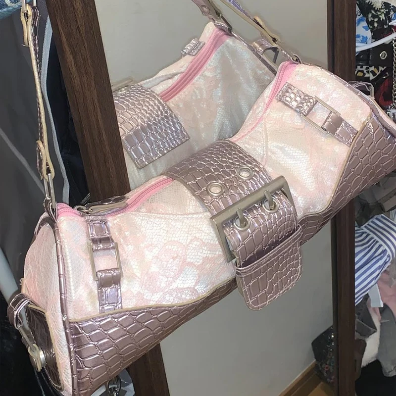 

European American Fashion Women Shoulder Bag, Retro Y2k Hot Girl Tote Bag Fashionable High Street Crocodile Texture Bowling Bags