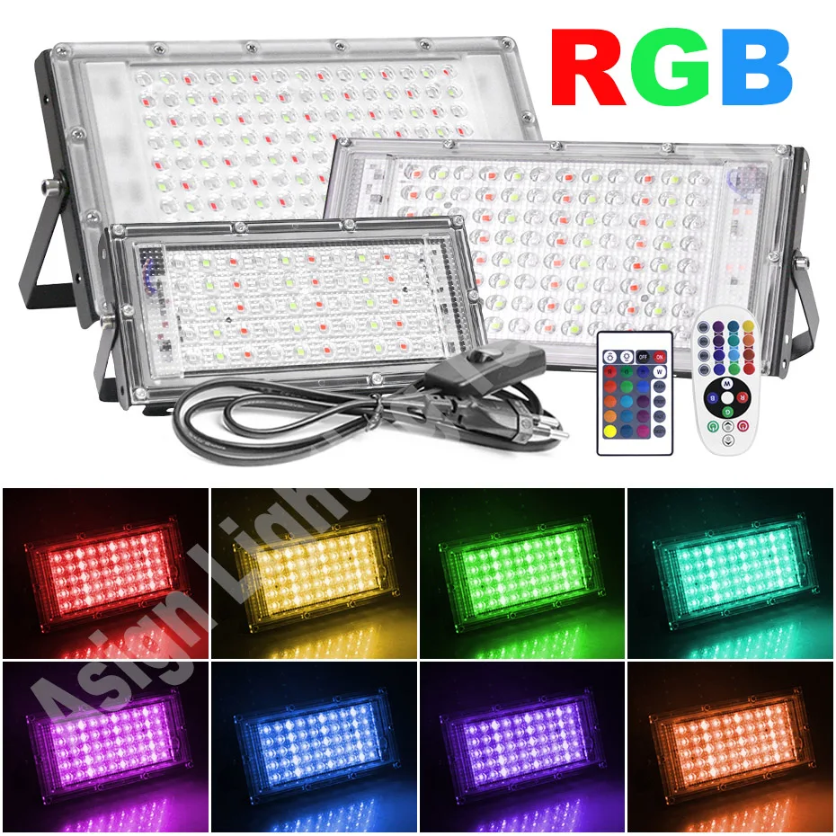 RGB LED Floodlight 300W/100W/50W Outdoor Wall 220V Flood Lamp Street IP65 Waterproof with Remote Control Garden Square Spotlight