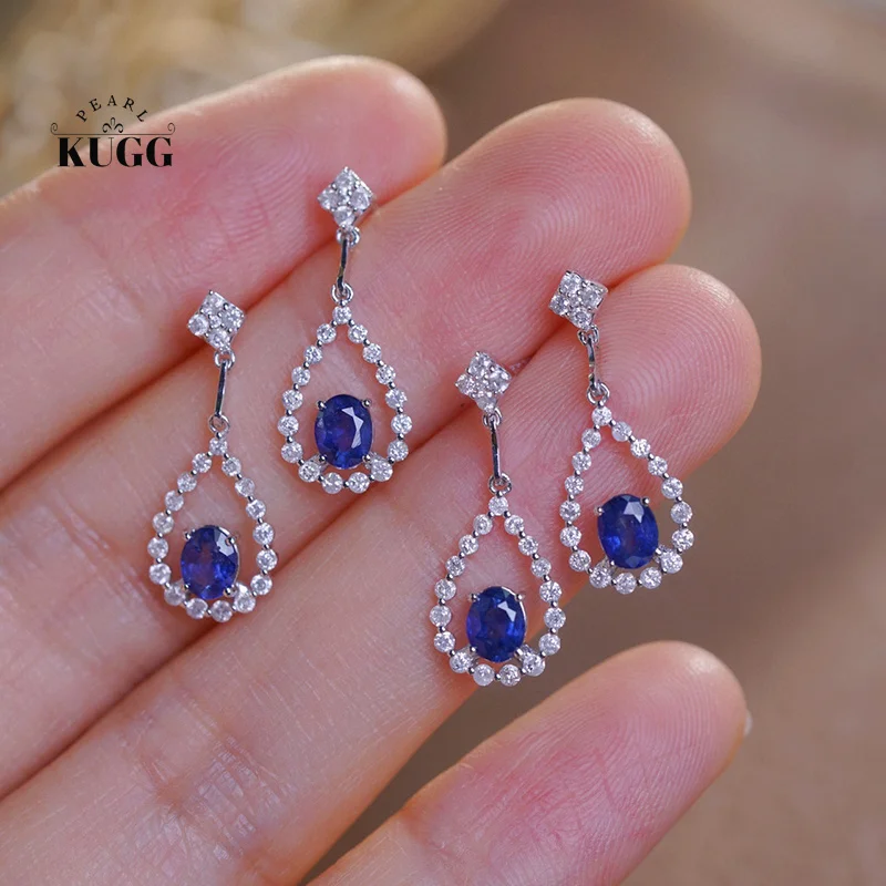 KUGG 100% 18K White Gold Earrings Elegant Water Drop Shape Real Natural Sapphire Drop Earrings for Women High Party Jewelry