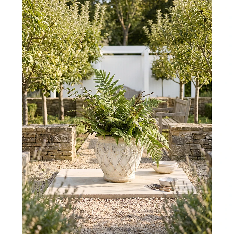 Vintage French Country Garden Planter 42.5cm, Weathered Ivory Flower Pot with Floral Lattice Design, Rustic European Patio Decor