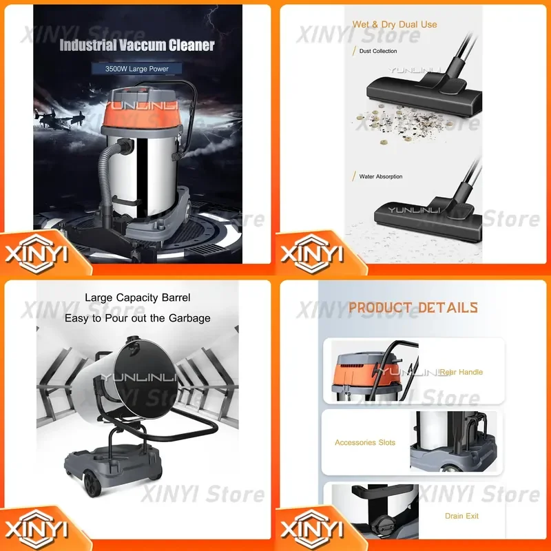 Wet & Dry Vacuum Cleaner 3500W Industrial Dust Collector for Commercial Use High Power Large Capacity Dust Catcher