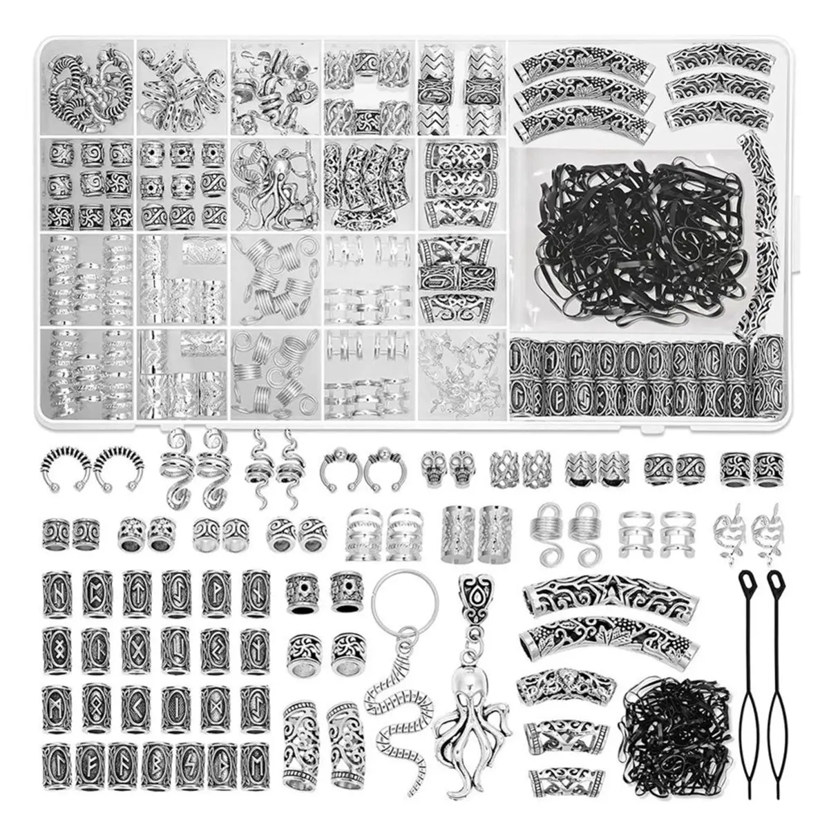 [NEW] 247Pcs Viking Hair Accessories Runes Tube Beads Metal Cuffs Clips Rings, Dreadlock Beads Braids Locs Hair Jewelry