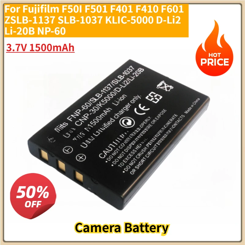 Nouvelle batterie de remplacement pour appareil photo, 3.7V, 1500mAh, pour Fujifilm F50I F401 F410 F601 ZSLB-1137 SLB-1037 KLIC-5000 D-Li2 Li-20B NP-60