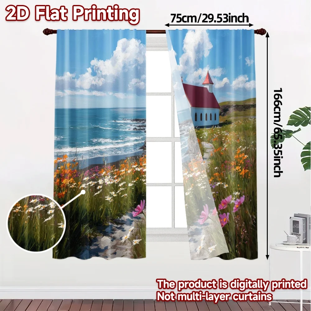 2pcs, 2D FLAT PRINTING Curtains (Without Rod) Seaside Chapel Print Modern Curtains Durable Polyester Curtains Thermal