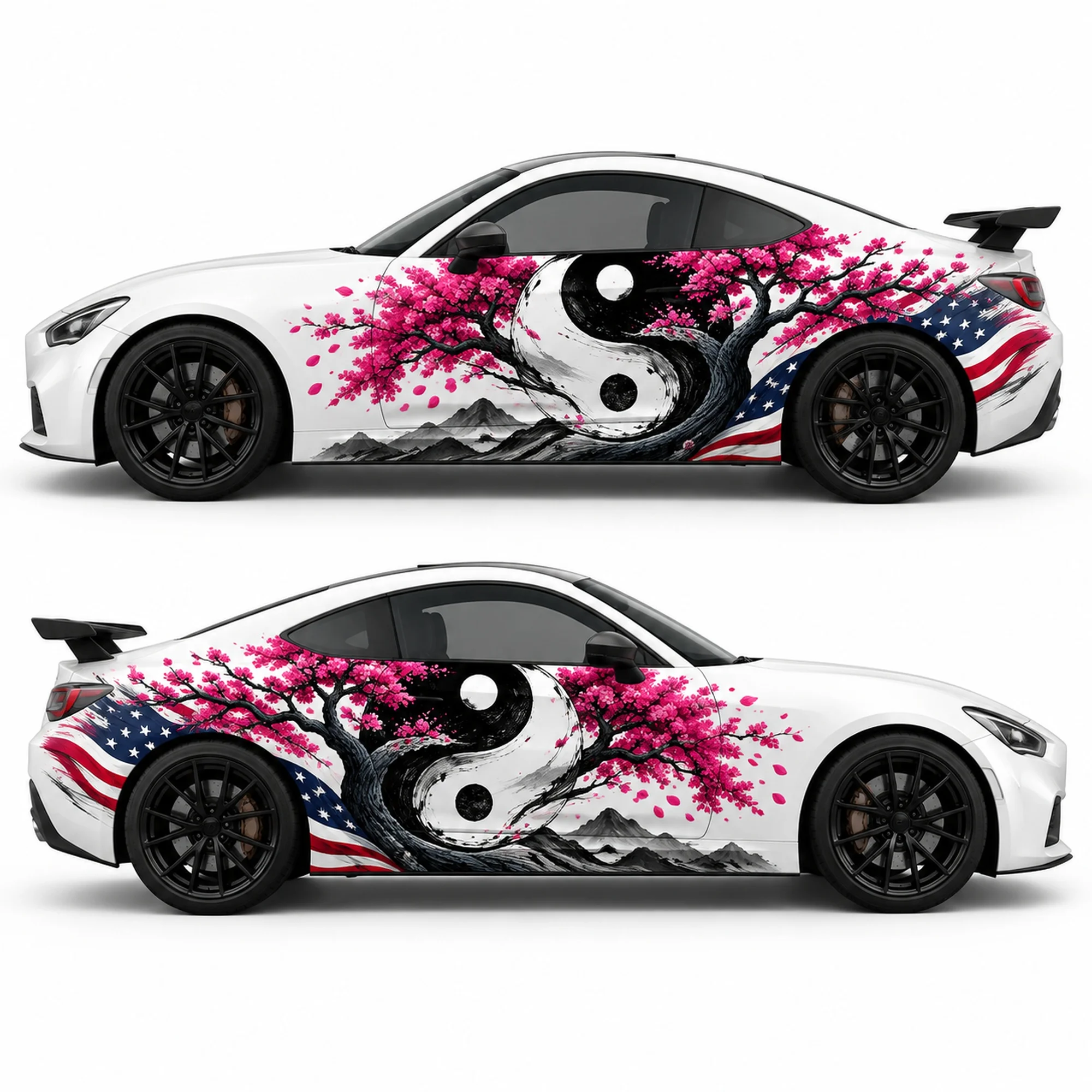 2 PCS Magenta Yin-Yang Grove Car Side Decals, American Flag Sakura Sticker Set