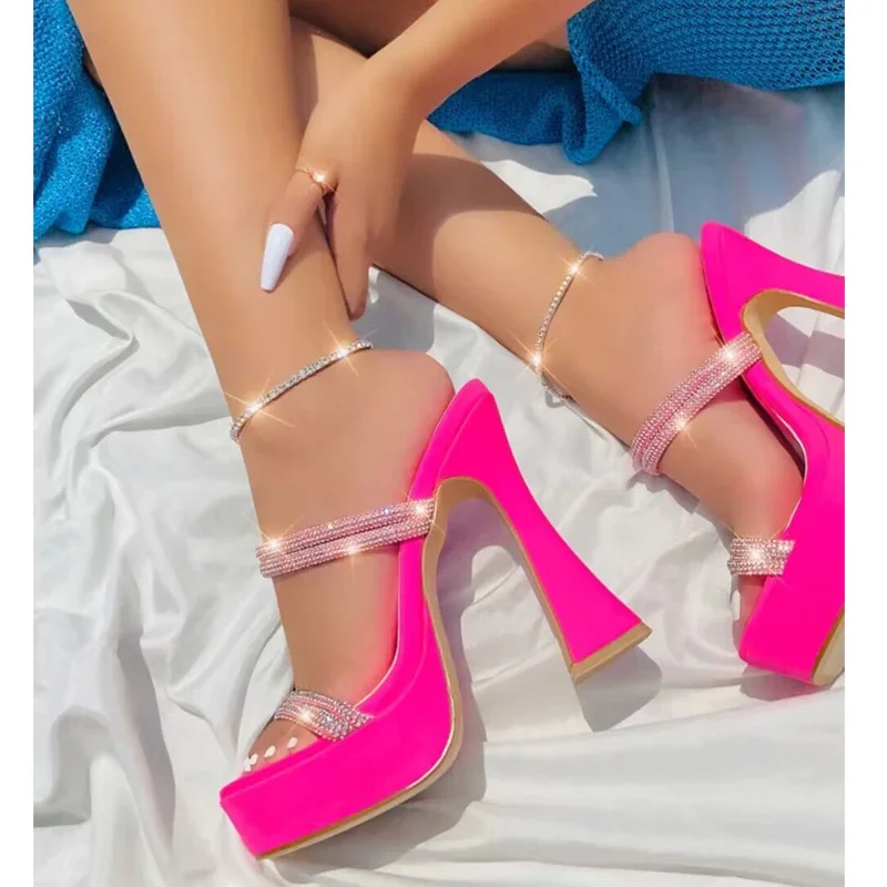 Aneikeh 2025 Sexy Steel Pipe Dance Shoes Crystal Square Head Open Toe Platform Super High Heels Mature Women Party Dress Zapatos
