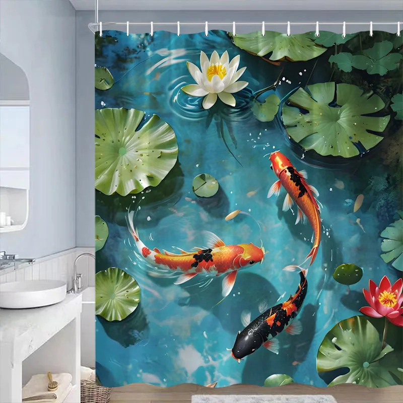 Chinese Style Carp Shower Curtain Lotus Flower Green Leaves Koi Fish Asian Art Bath Curtains Polyester Bathroom Decor with Hooks