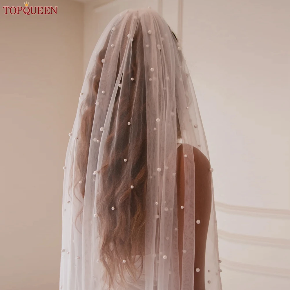 TOPQUEEN Pearls Wedding Veils 1 Tier Soft Bridal Veil Beaded Wedding Accessories 3M Cathedral Length Veil for Bride Ivory v176