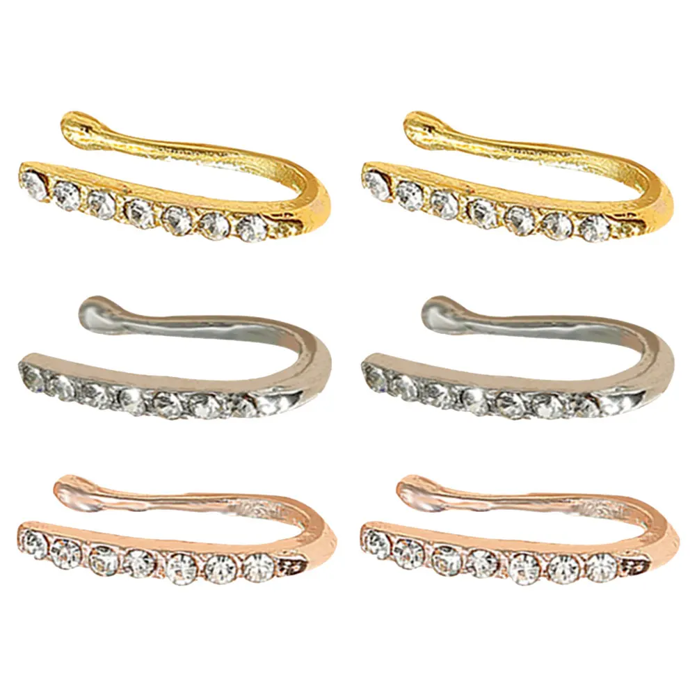 6 قطع عصرية على شكل حرف U بدون ثقب الأنف خواتم حجر الراين الجلد-مجوهرات للنساء والرجال قابلة لإعادة الاستخدام غير مثقوبة وهمية