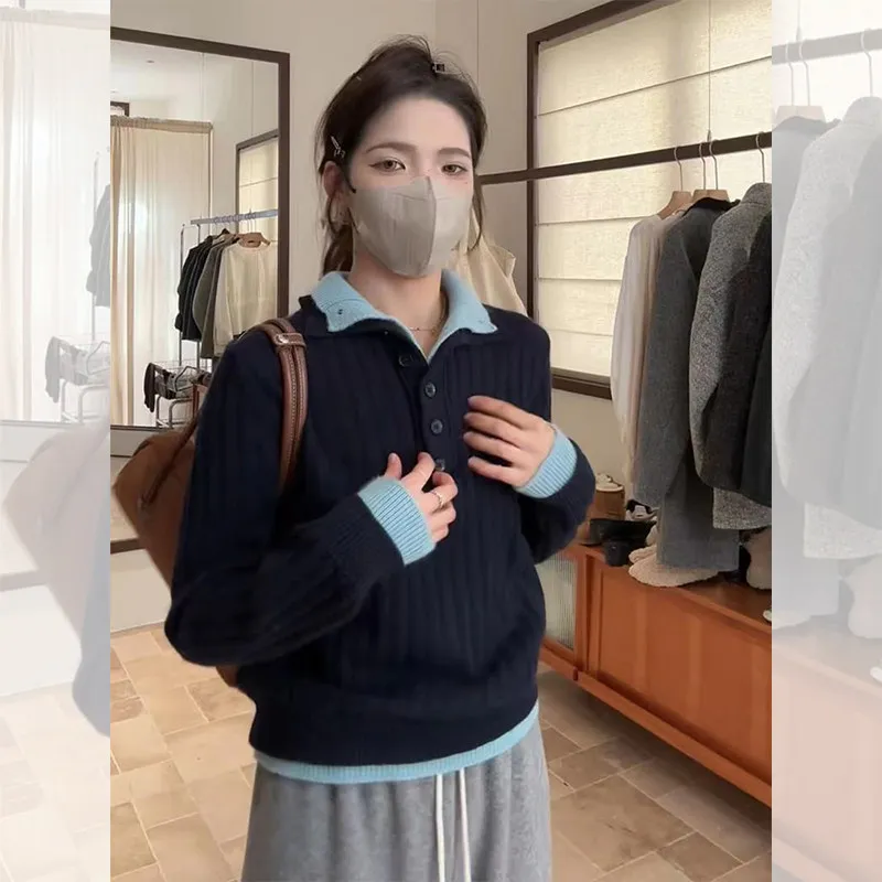 Women's Long Sleeve Crew Neck Knitwear Color Block High Collar Fake Two-Piece Inner Wear Outer Wear Autumn Winter Soft Cotton