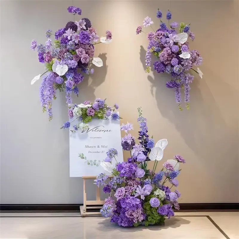 LUYI Purple Silk Flower Wreath Hanging Bouquet for Wedding Birthday Party Outdoor Event Decoration Background Artificial