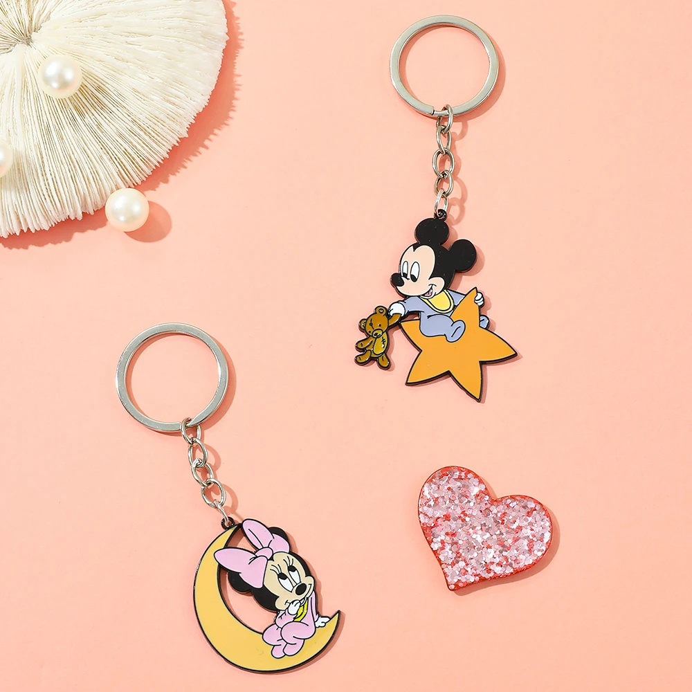 Gantungan Kunci Figur Disney Mickey Mouse Liontin Jimat Bintang Bulan Kartun Gantungan Kunci Minnie untuk Aksesori Pasangan Hadiah Hari Valentine