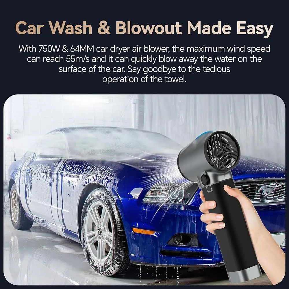 منفاخ مجفف توربو منفاخ هواء للسيارات 750 وات لاسلكي قابل لإعادة الشحن مع ضوء COB سرعة متغيرة لا نهائية متعددة الاستخدام محمولة باليد