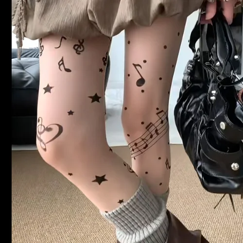 Medias de piel negra con estampado de símbolo para mujer, medias de estilo Lolita, calcetín dulce y fresco, pantimedias para fiesta y Club, medias Y2K