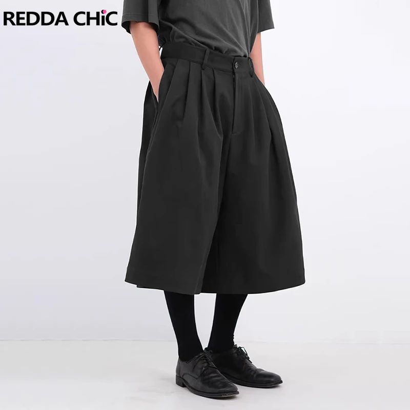 

REDDACHiC однотонные черные мужские костюмные брюки, шорты Cleanfit, очень широкие плиссированные брюки с высокой талией, рабочие повседневные шаровары, новая летняя одежда