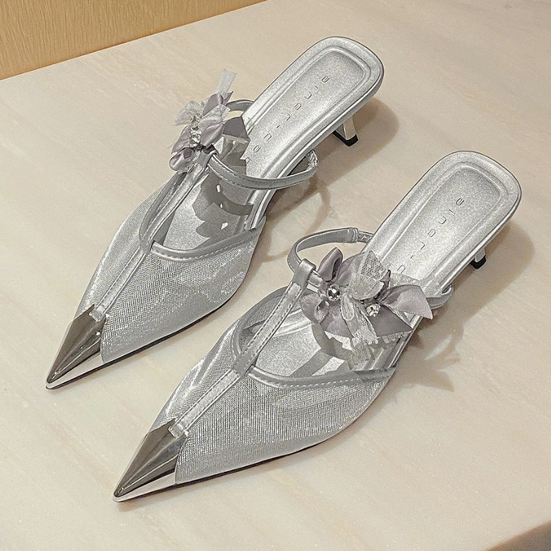 

Mesh Bowknot Slippers Women Metal Pointed Toe Dress Slides Female Fashion Breathable High Heels Sandals Ladies Pantuflas Mujer