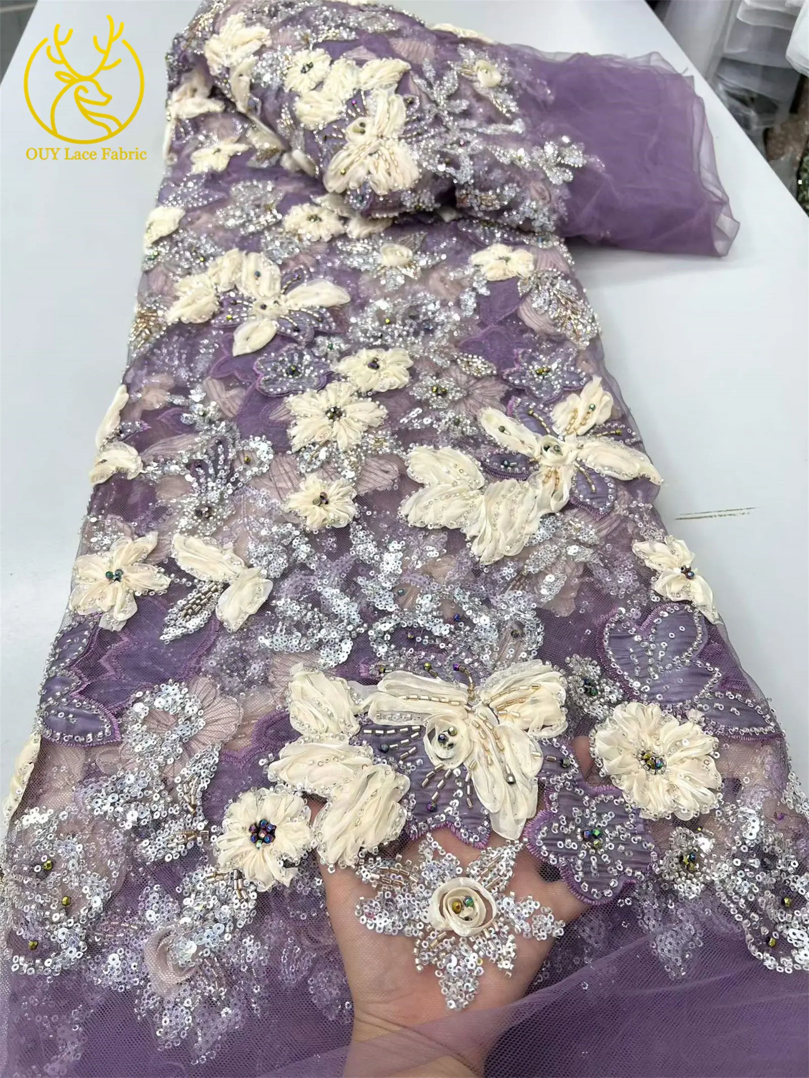 Eleganter 3D-Blumen-Spitzenstoff mit afrikanischen Perlen, französischer nigerianischer Pailletten-Mesh-Tüll-Spitzenstoff für Hochzeits- und Partykleider, Nähen, 5Y – Detail 4