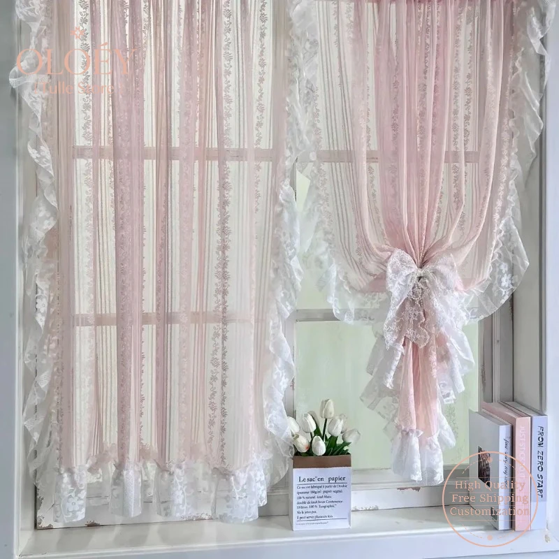 

Vintage Pink Floral Lace Tulle Curtains for French Princess Bedroom Striped Sheer Drapes Living Room Window Treatment Decor Veil