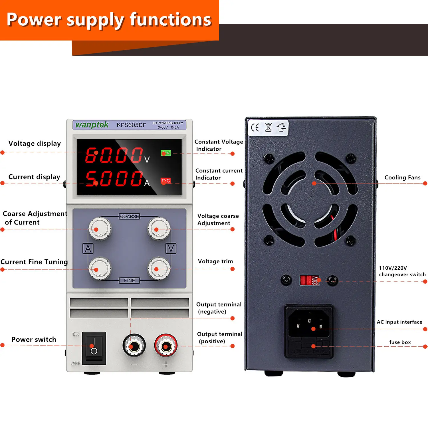 

KPS-605DF Adjustable Digital Mini DC Laboratory Power Supply 60V 5A 0.001A/0.01V Switching Power Supply 110V 220V+DC Jack Set