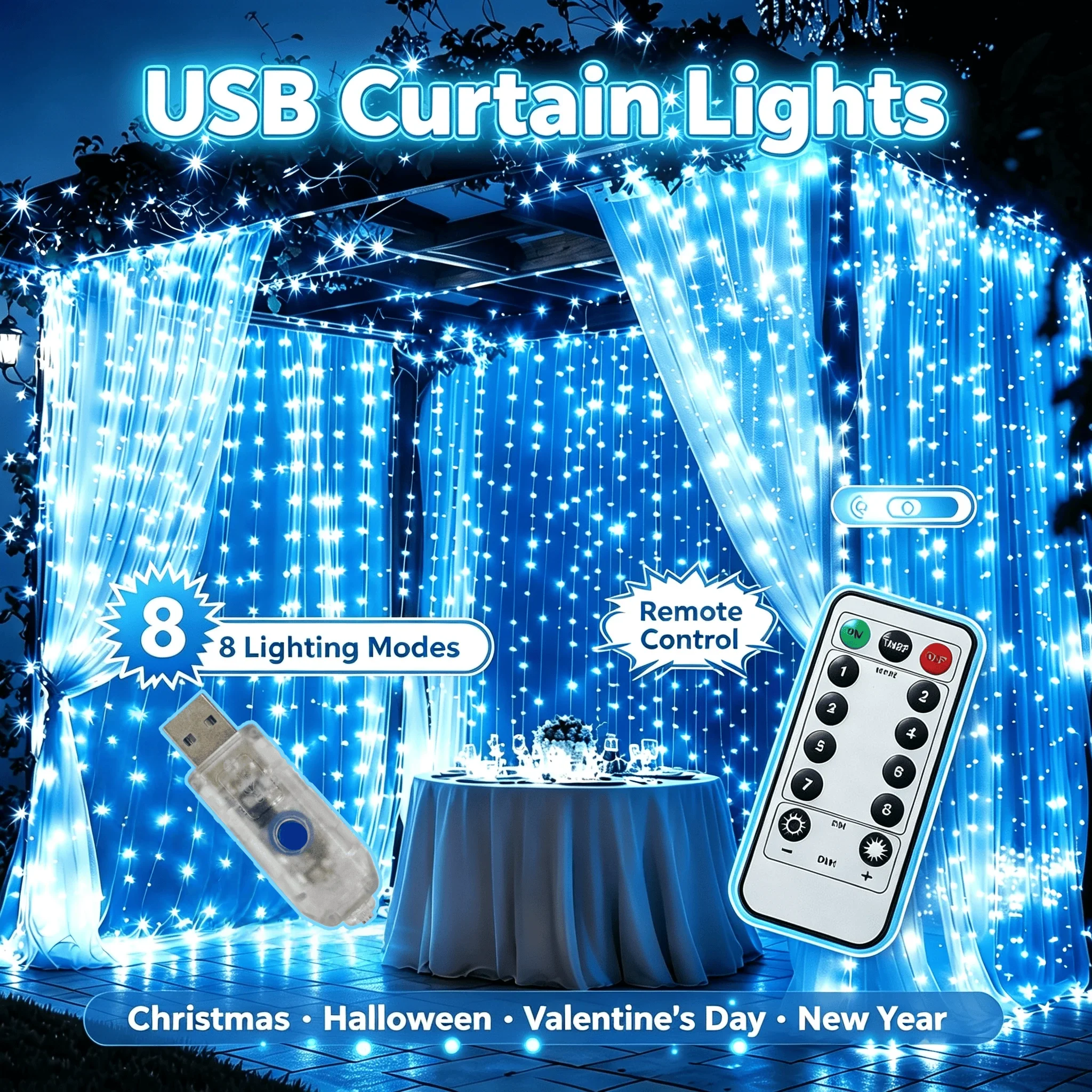 USB LED Curtain Lights with Remote Control, New Year Christmas Fairy Lights for Wedding Birthday Bedroom Party Home Decor