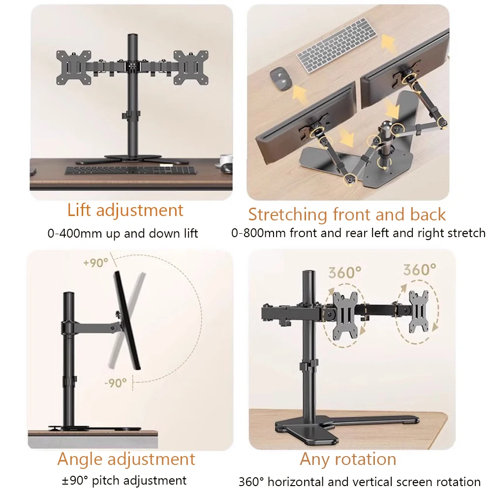 Dual Monitor Stand and Adjustable Arms, Mounts 2 Screens up to 27 inch Load 8kg Each with Swivel, Tilt, VESA 75x75 100x100mm