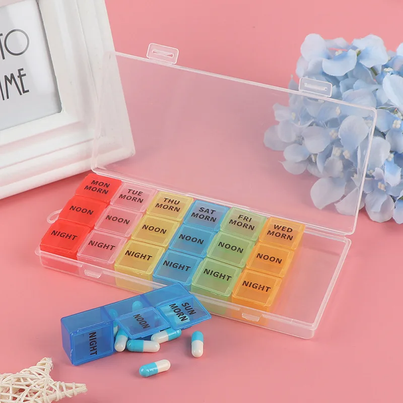 Colorful Portable One Week Medicine Box Travel Storage Box Can Be Divided Into 21 Compartments, With One Row Per Day