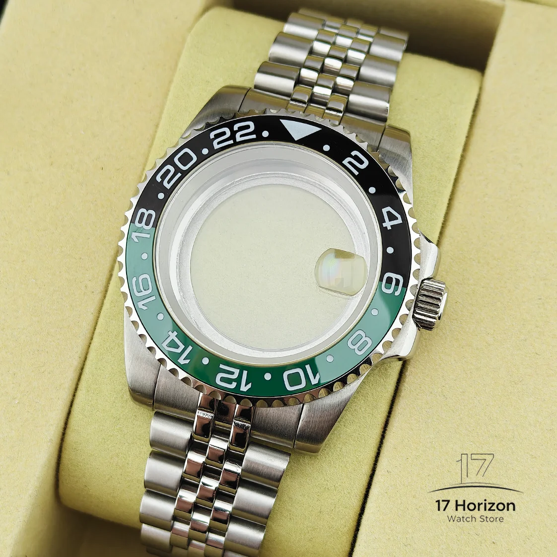 GMT NH34 Case 40mm Fit For Jubilee Bracelet Bidirectional 24 Tooth Rotation  Ceramic Bezel Sapphire Glass Transparent Bottom Cov