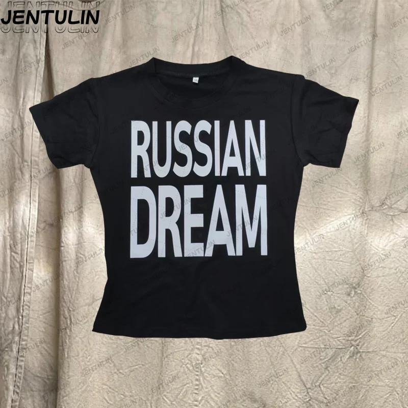 Fashion Trend spicy girl Tees RUSSIAN DREAM printing short Tees Y2K Short sleeves T-shirt Women Summer Sexy highStreet Crop Tops