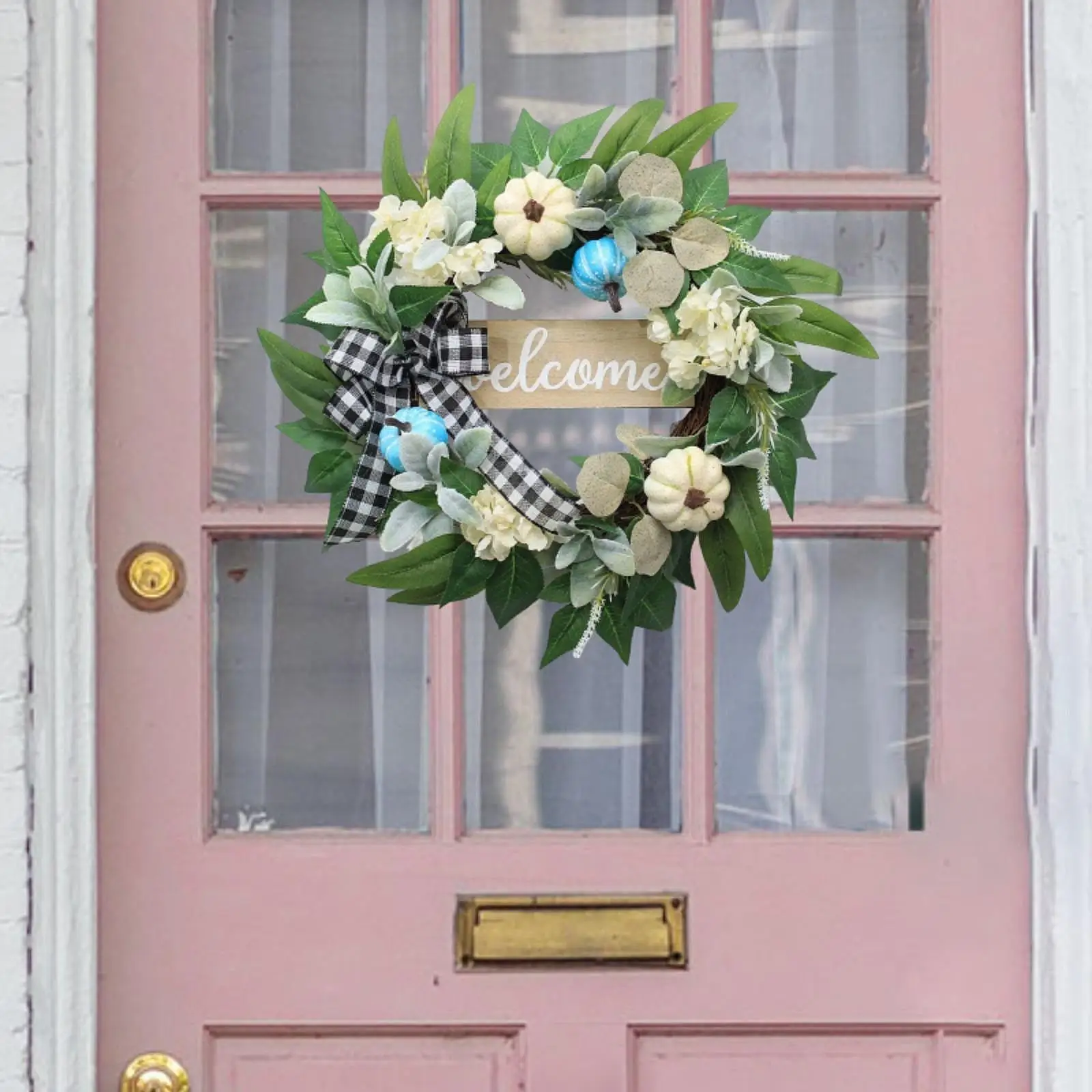 

Artificial Eucalyptus Wreath for Front Door 50cm with Wooden Welcome Sign Floral Wreath for Celebration Patio Party Window Decor