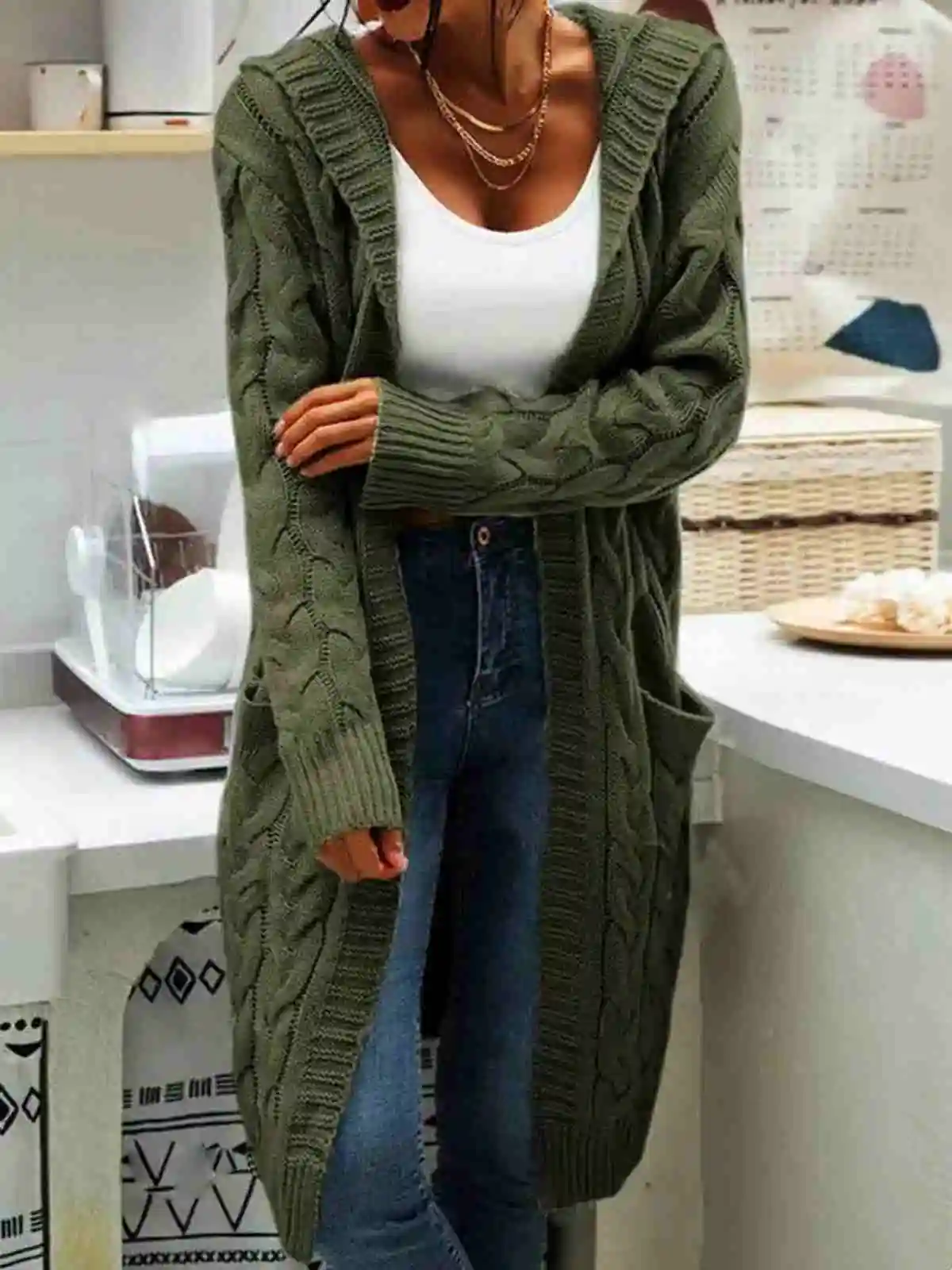 Hooded Open Front Cardigan Women Solid Color Pockets Knitted Long Sweaters Casual Loose Fit Long Sleeve Outerwears Streetwear