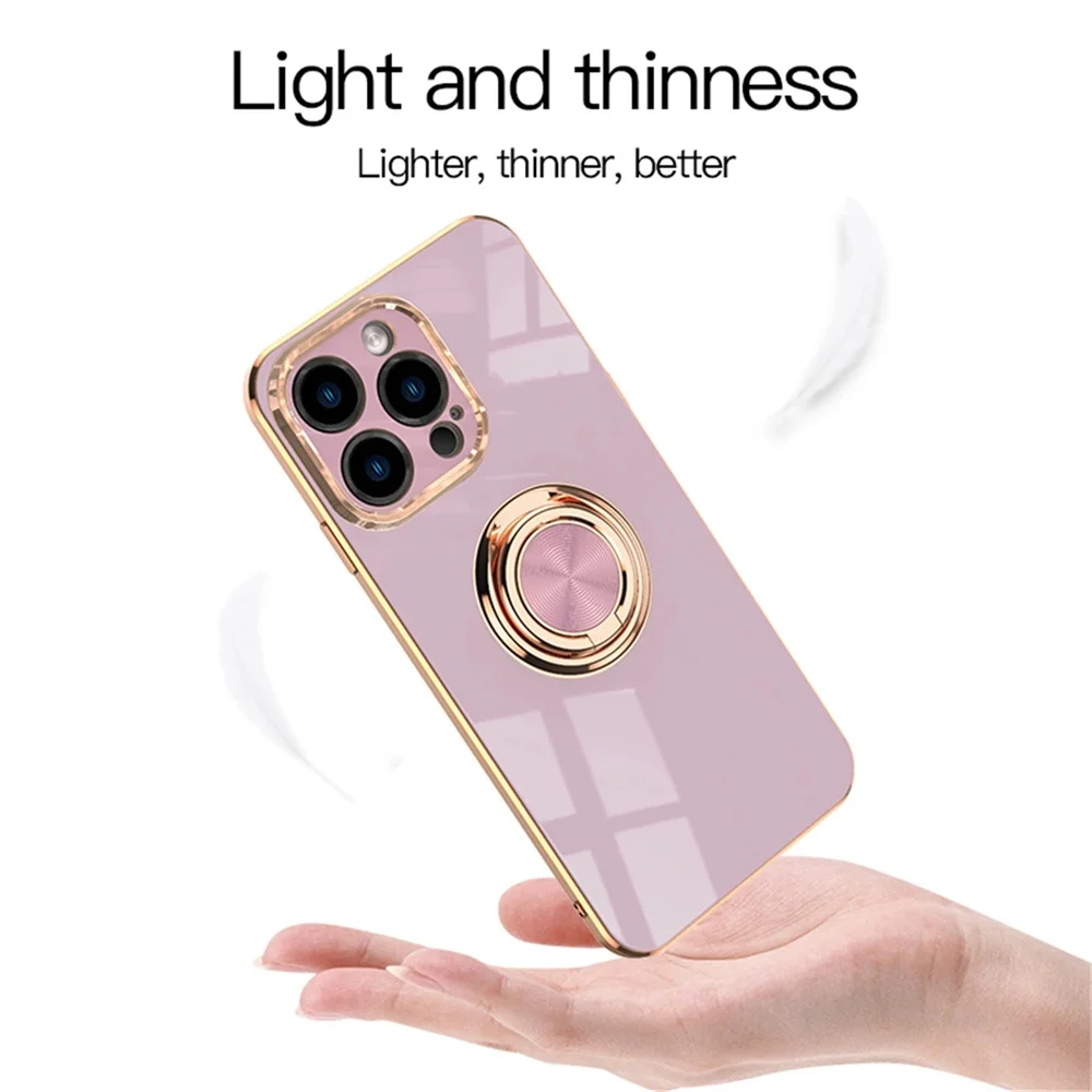 

Luxury Plating Silicone Case For iPhone 16 15 14 13 12 11 Pro Max Mini XS XR 16 Plus Metal Ring Holder Stand Soft Phone Cover