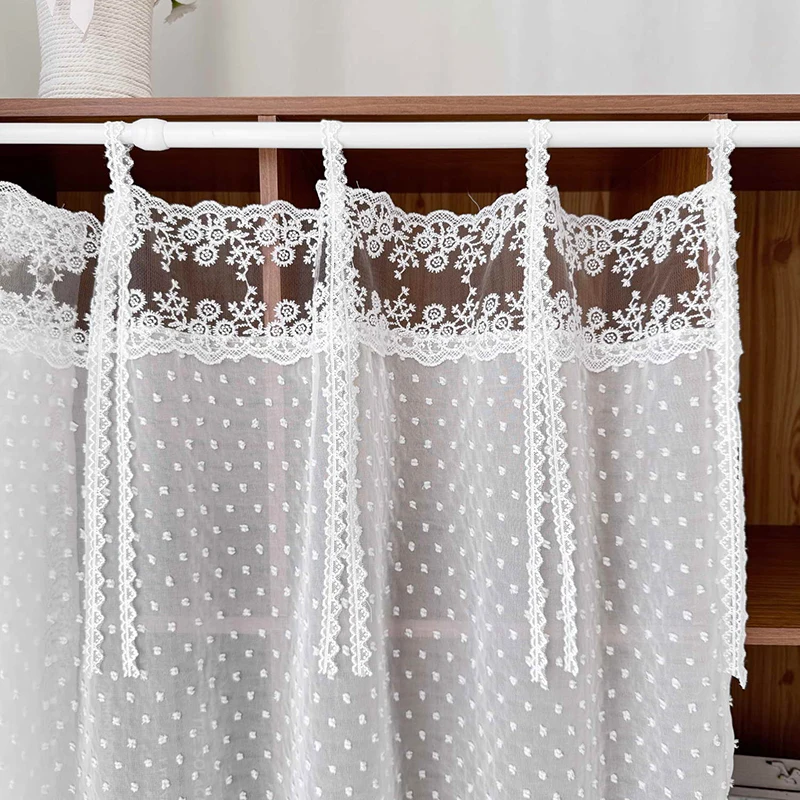 Korean Romantic White Polka Dot Splicing Flower Embroidered Lace Short Sheer Curtain Tie Top For Kitchen Living Room Bedroom