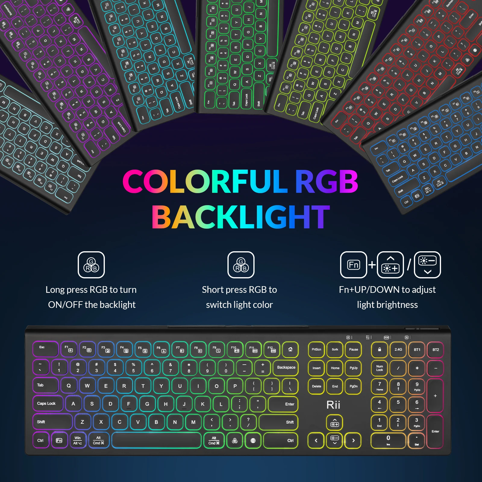 Rii RK801 블루투스 무선 키보드, RGB 백라이트 무소음 키보드 번호 패드, 듀얼 모드, 맥, 윈도우, 리눅스, 컴퓨터, PC용