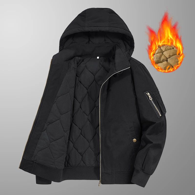 Winter Vintage Parkas Coats for Men Thicken Warm with Hood Cotton Jackets Outdoor Windproof Male Clothes Solid Color All-match