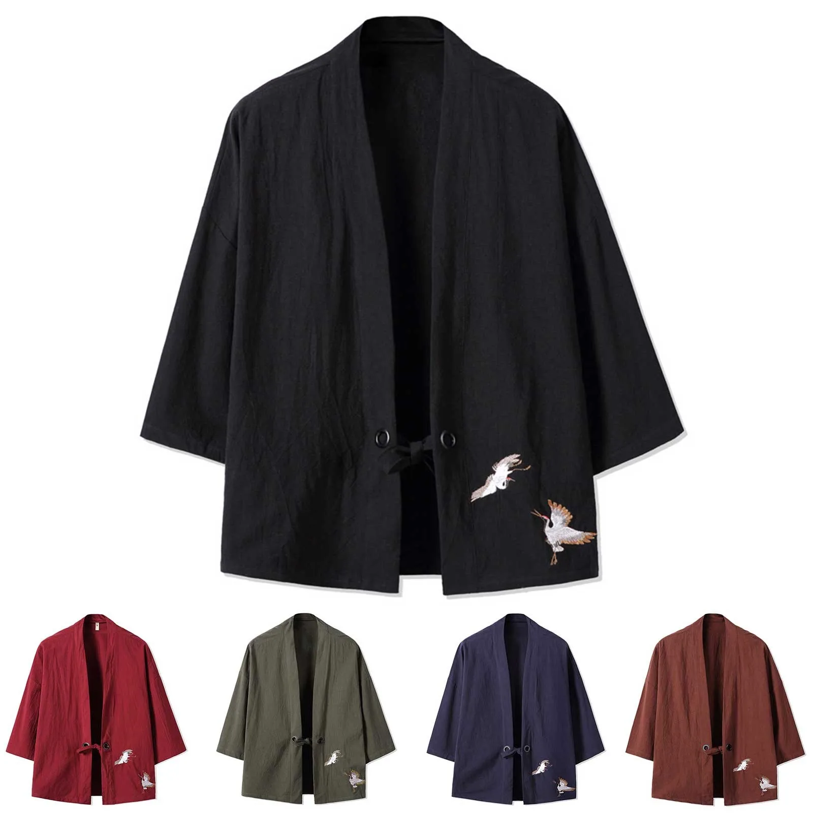 

Crane Embroidery Haori Kimono Harajuku Japanese Plus Size Men Samurai Costume Yukata Asian Clothes Cardigan Cotton Linen Shirts