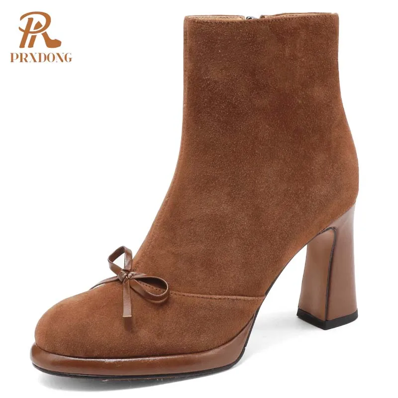 

PRXDONG Women's Ankle Boots 2024 New Classics Genuine Leather High Heels Platform Black Brown Zipper Dress Party Female Shoes 39