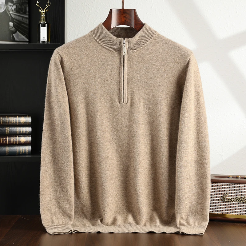 Autumn and Winter New Collection (100% Cashmere) Men's Casual Half Zipper Half High Collar Solid Color Casual Sweater for Men