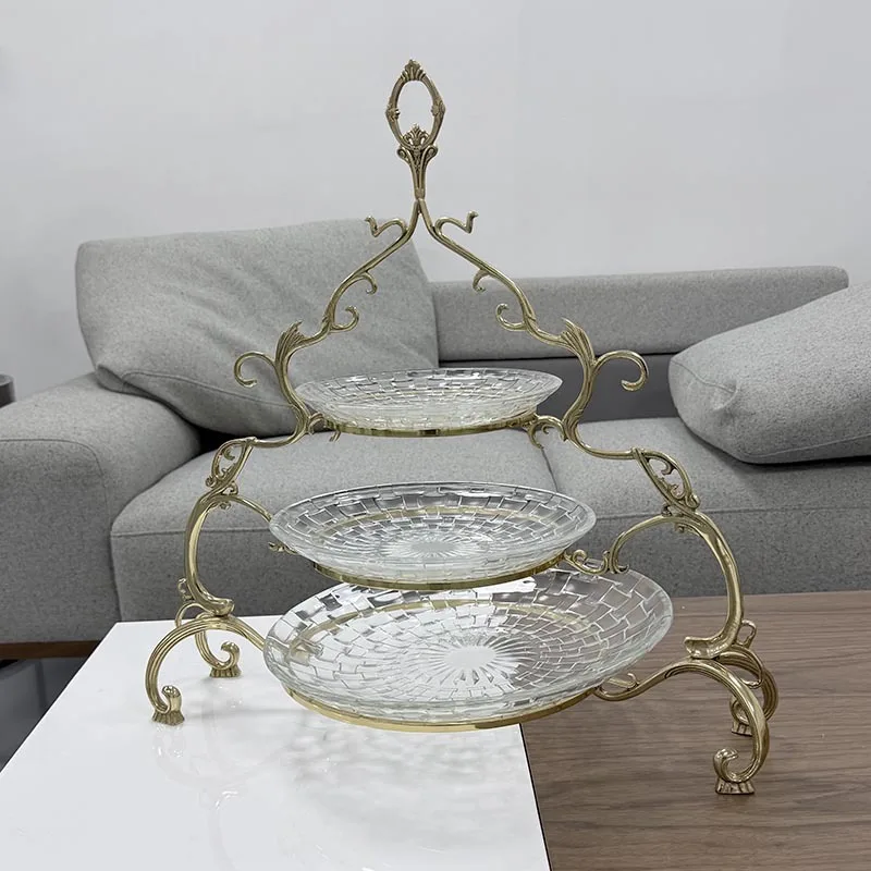 High-end light luxury brass crystal three-layer fruit plate European dining table coffee table fruit dessert table tray ornament
