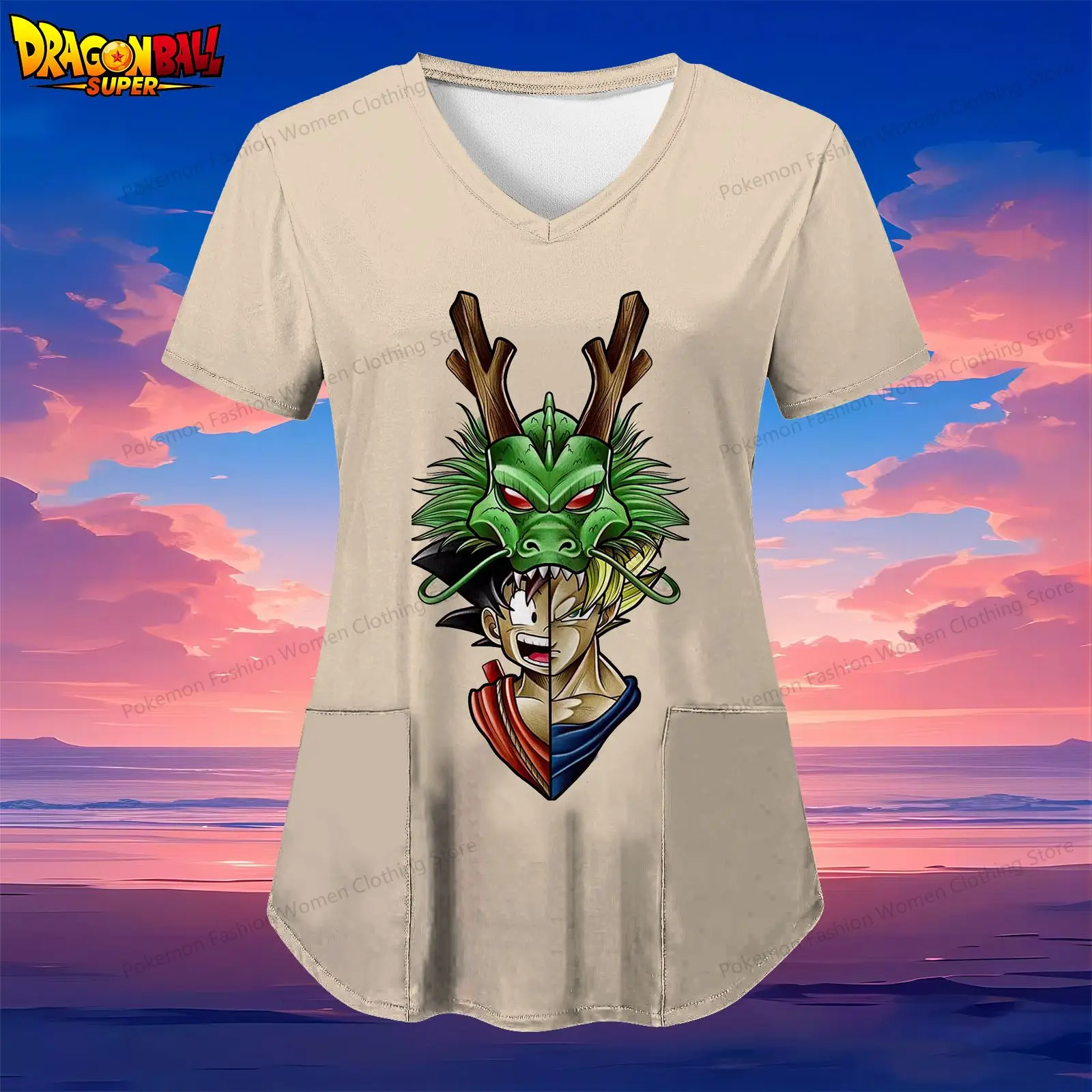 

Pocket Dragon Ball Kakarotto Women's V Neck Nurse Uniform T-Shirt Woman Clothing S-2XL Street Wear Summer Short Sleeve Anime Top