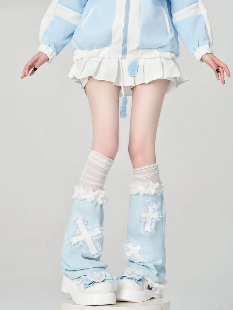 Damen Lolita Y2k Punk Gothic Steam Harajuk Kreuz Spitze blau Persönlichkeit weites Bein Sets