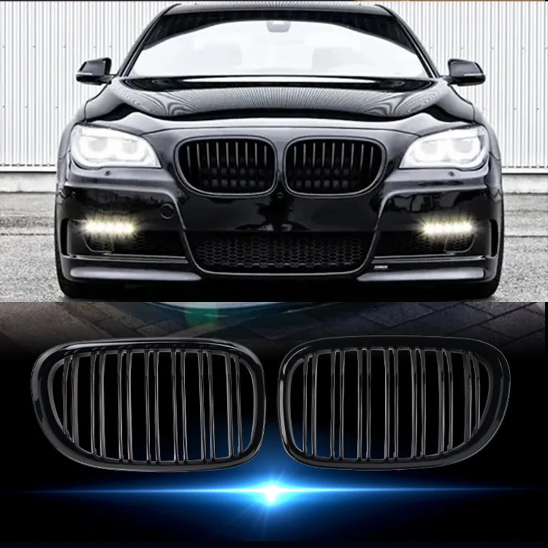 مناسبة لسيارات BMW F01 F02 F03 F04 740i 750i 7 Series 2009-2015 المصد الأمامي على شكل الكلى مصبغة لامعة خط مزدوج أسود