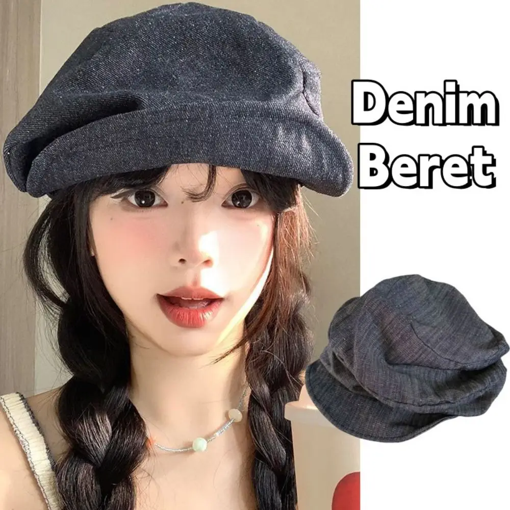 

Vintage Japanese Denim Beret Cloth Cloud Octagonal Cap Y2K Big Head Circumference Pleated Painter Hat Girl