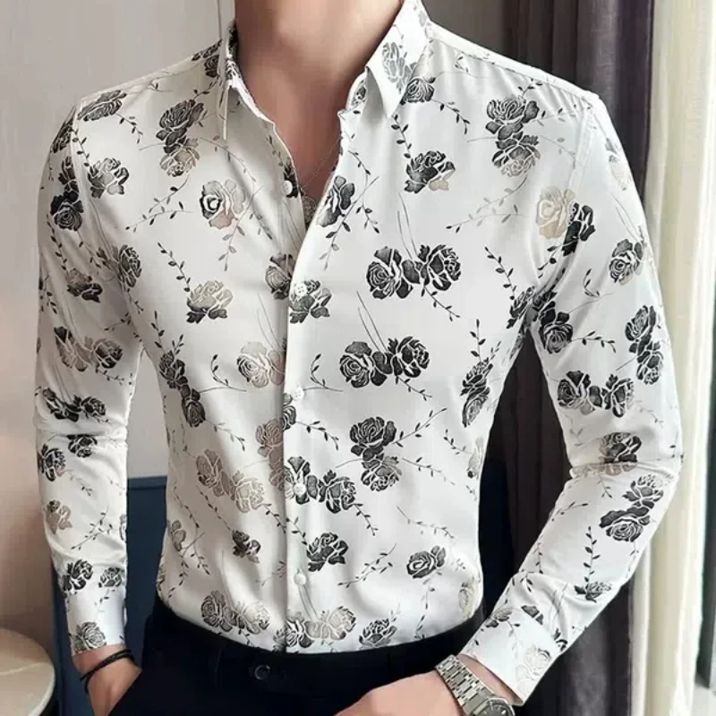 Spring Autumn Fashion POLO Collar Long Sleeve Shirts Men\'s Clothing Printing Floral Hip Hop Slim Cardigan Button Youth Blouses