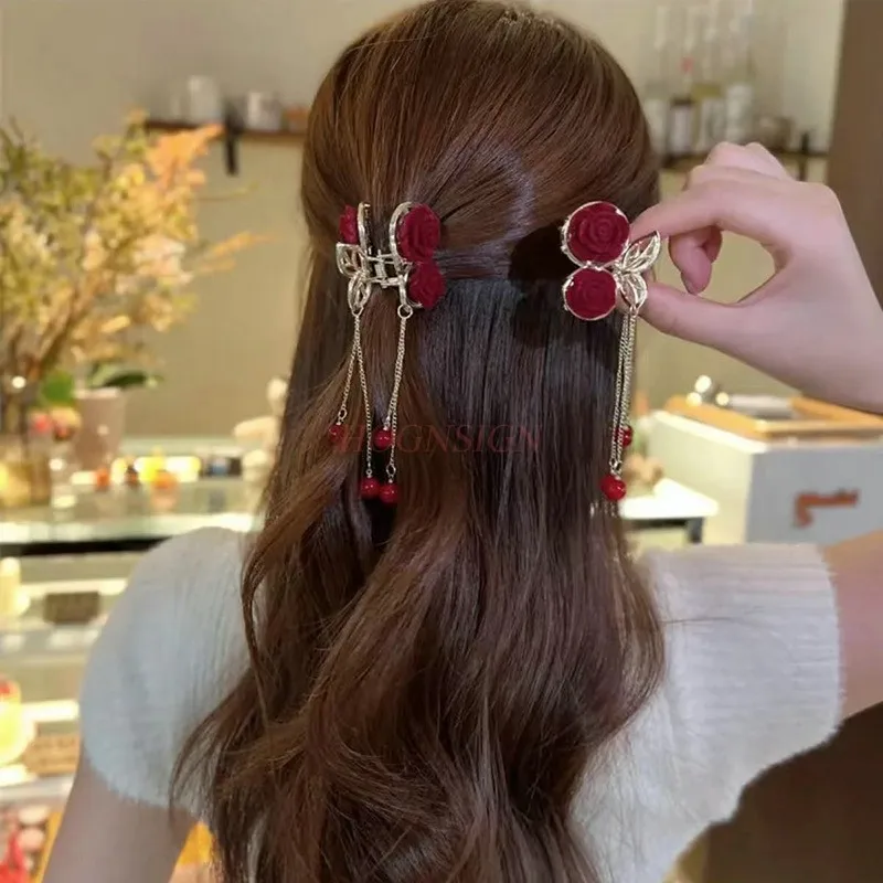 High grade flocking tassel rose flower grab clip half tied hair shark clip hair clip accessory