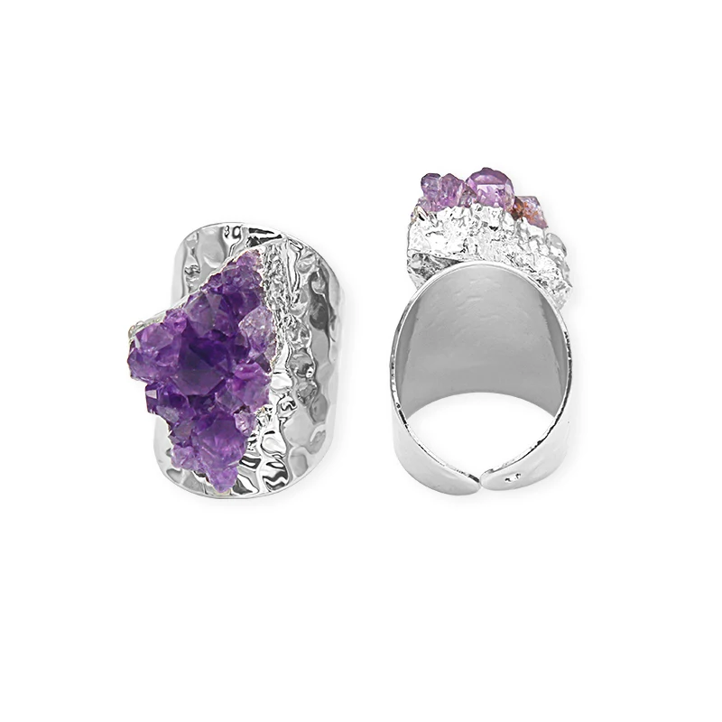 Irregular Unpolished Raw Amethyst Crystal Cluster Rings for Women Girls Silver Plated Wedding Party Finger Jewelry