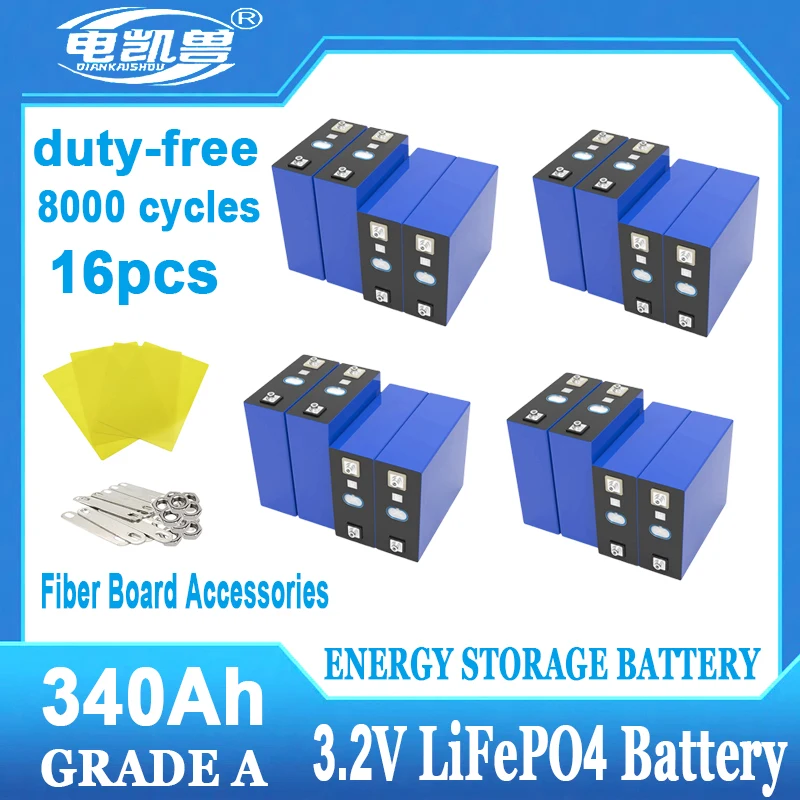 16pcs 3.2V 340ah Lifepo4 Lithium iron phosphate battery 8000cycles grade a Rechargeable battery for Home energy storage inverter